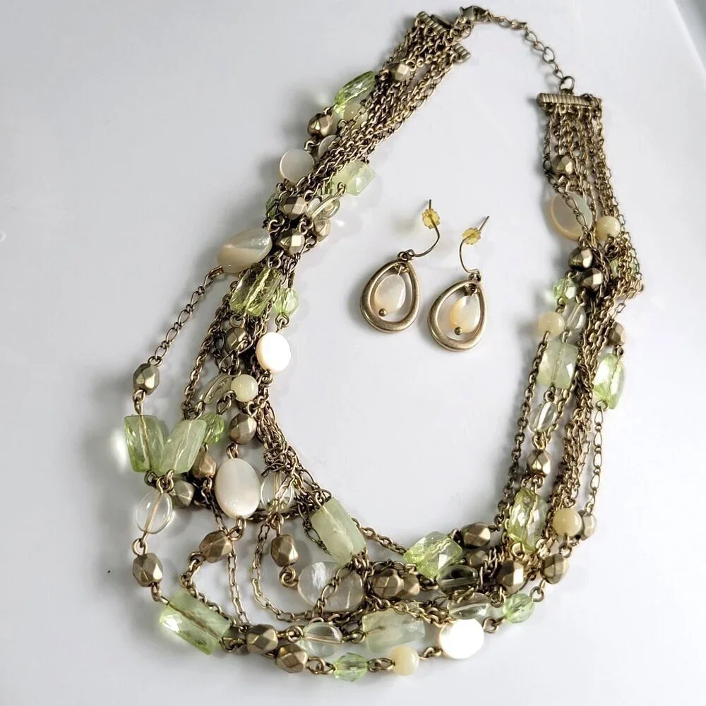 Lia Sophia Statement Necklace & Drop Earrings Set Mother of Pearl Green 16